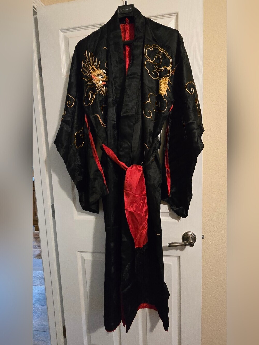 1970s Silk Dragon Chinese Dragon Robe With Belt Black Red Gold